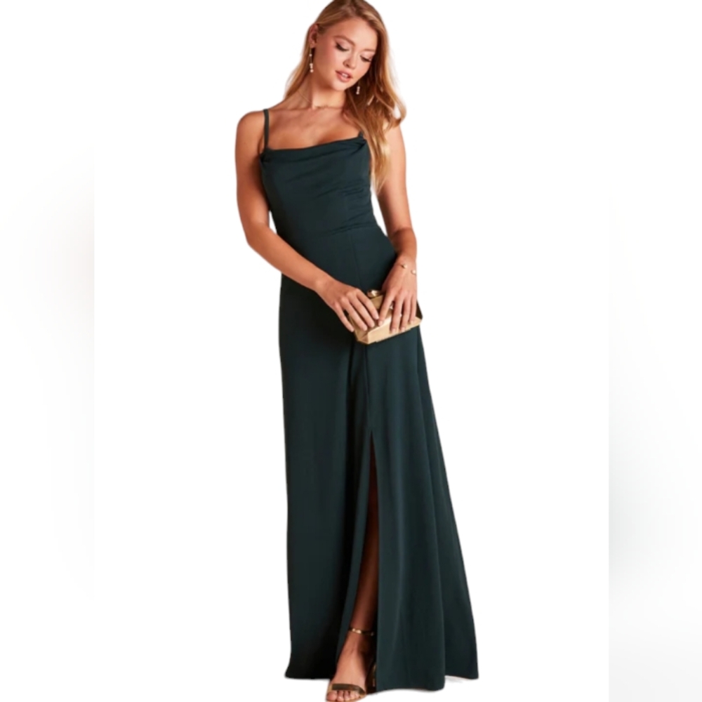 NWT Birdy Grey 'Ash' Cowl Neck Maxi Dress Front Slit Crepe Emerald Green Slinky